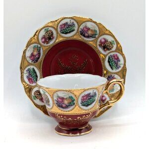 Vintage Lefton China Tea Cup And Saucer Gold Gilt Burgundy Hand Painted Fruit